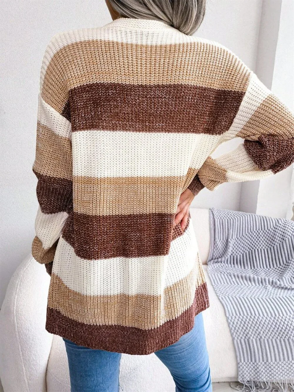Khaki Casual Women's Striped Long Sleeve Open Front Knit Cardigan Sweater